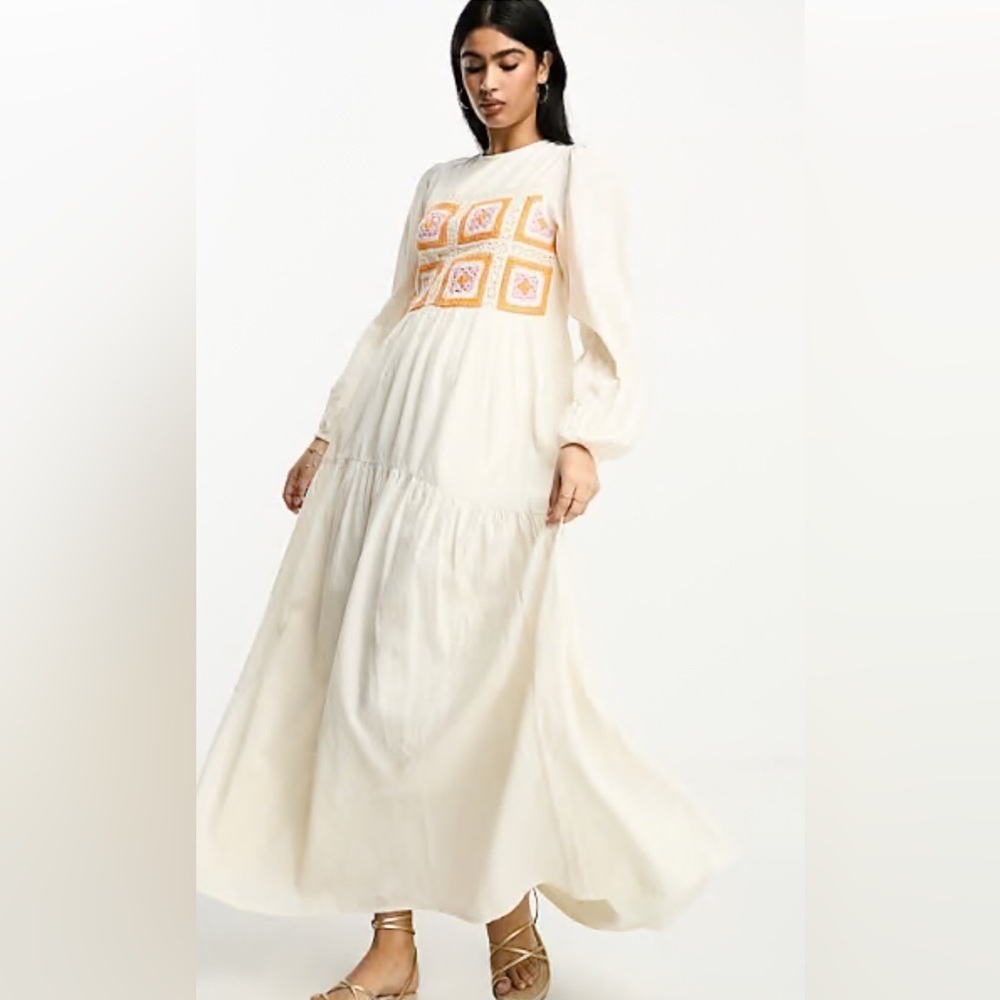 ASOS Design Broderie Crochet Bodice Maxi Bohemian Dress Size 4